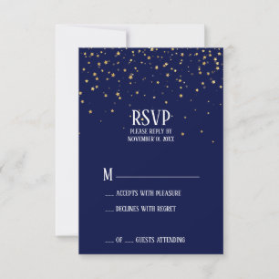 Confetti de oro en la tarjeta RSVP azul de la mari