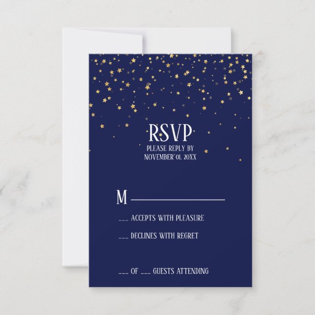 Confetti de oro en la tarjeta RSVP azul de la mari (Anverso)