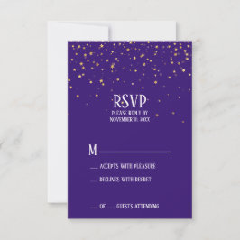 Confetti de oro en la tarjeta RSVP púrpura