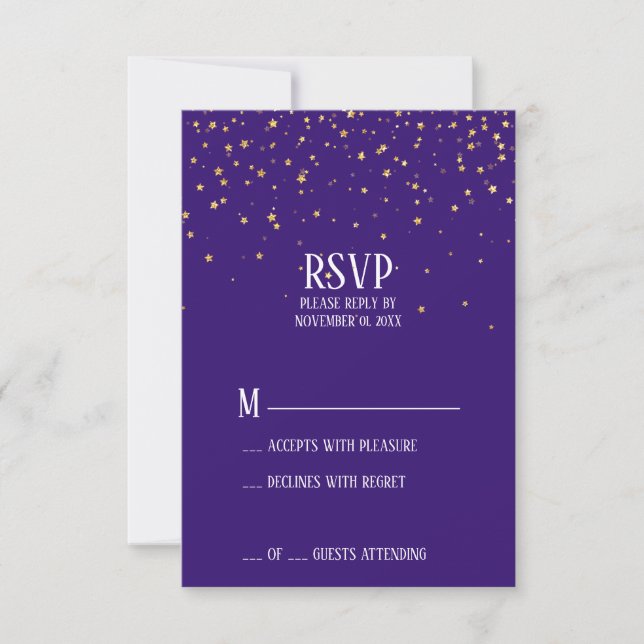 Confetti de oro en la tarjeta RSVP púrpura (Anverso)