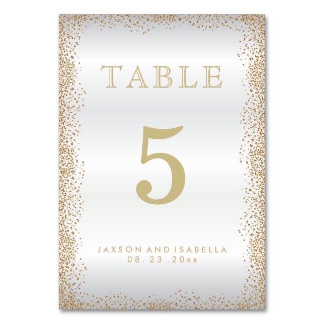 Confetti de oro y tarjeta de mesa blanca (Anverso)