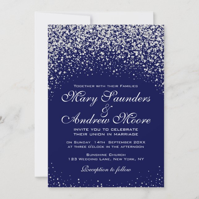 Confetti de plata moderna sobre invitación azul re (Anverso)