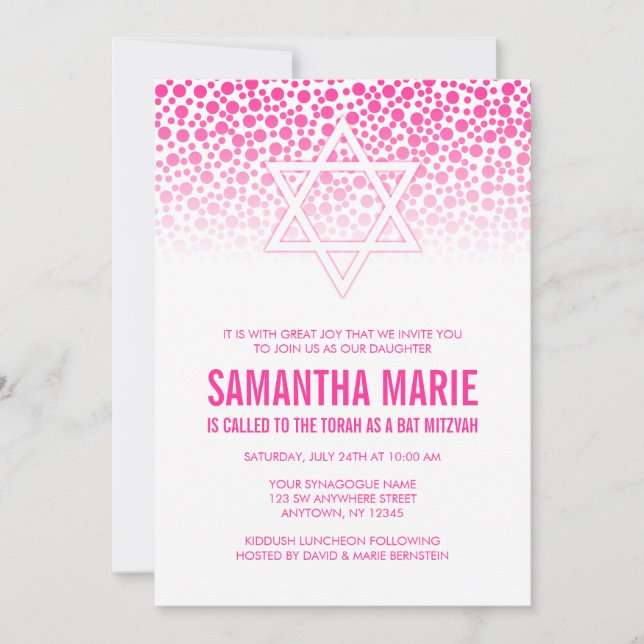 Confetti Dots Hot Pink Bat Mitzvah Invitaciones (Anverso)