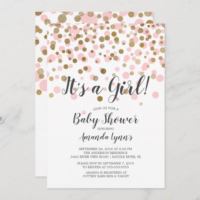 Confetti es una invitación Chica a Baby Shower (Anverso / Reverso)