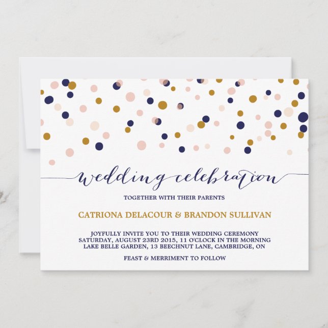 Confetti rosado y dorado invitación a bodas II (Anverso)