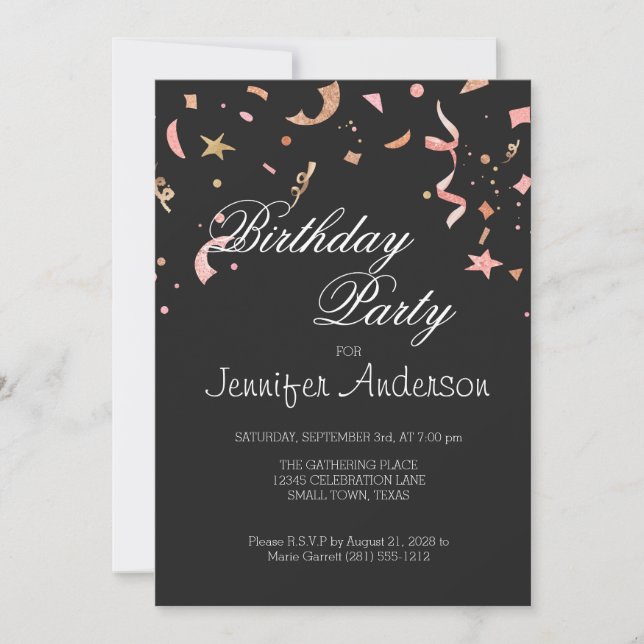 Confetti rosado y Purpurina de oro en fondo negro (Anverso)