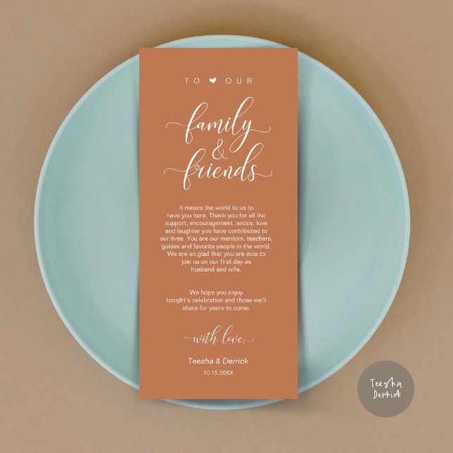 Configuración de la cena Gracias, Tarjeta De Óxido (Dinner Place Setting Thank You Card, Modern Classy Wedding, in Copper Rust)
