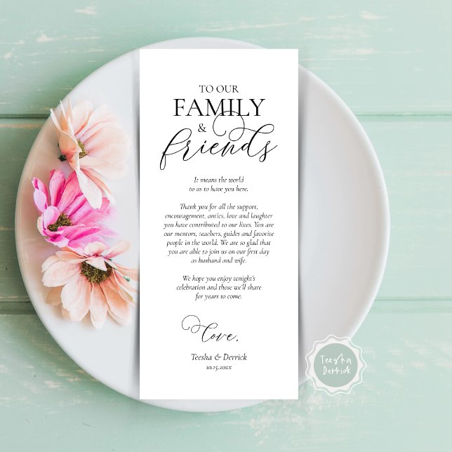 Configuración del lugar de la cena Gracias Tarjeta (Wedding Dinner Place Setting Thank You Card, Modern Romantic Script, Plate Decor, Black and White)