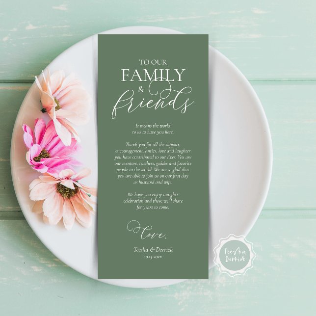 Configuración del lugar de la cena Gracias Tarjeta (Wedding Dinner Place Setting Thank You Card, Modern Romantic Script, Plate Decor, Forest Sage Green)