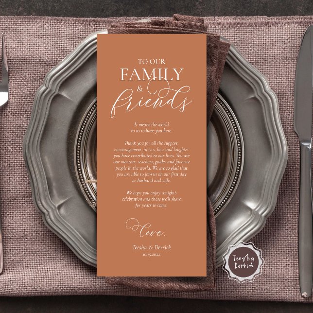 Configuración del lugar de la cena Gracias Tarjeta (Wedding Dinner Place Setting Thank You Card, Modern Romantic Script, Plate Decor, Copper Rust Brown)