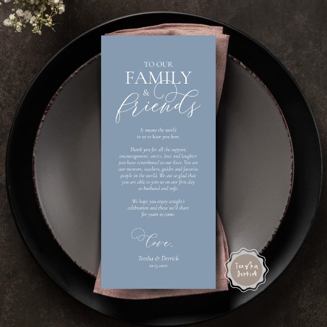 Configuración del lugar de la cena Gracias Tarjeta (Wedding Dinner Place Setting Thank You Card, Modern Romantic Script, Plate Decor, Dusty Blue)
