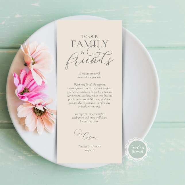 Configuración del lugar de la cena Gracias Tarjeta (Wedding Dinner Place Setting Thank You Card, Modern Romantic Script, Plate Decor, Grey Cream)