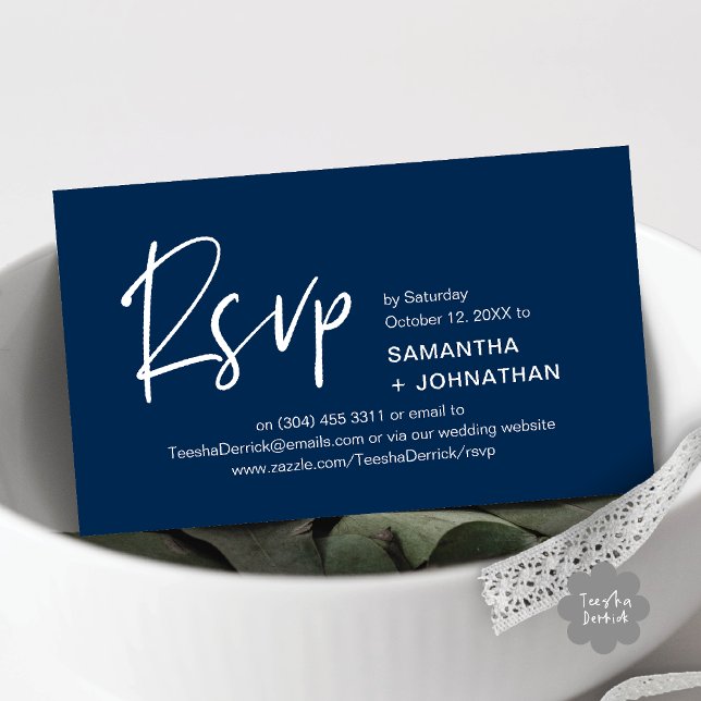 Confirmación de Boda Invitación a Cena Moderna Rec (Kindly RSVP Modern Minimalist Wedding Dinner Invites Reminder Enclosed Card Phone Email Navy Blue)