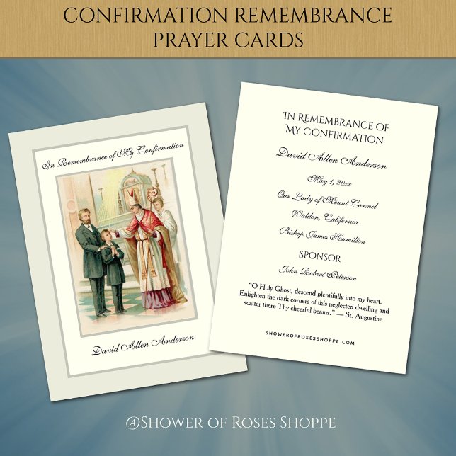 Confirmando el Sacramento religioso - Tarjeta sagr (Featuring a traditional Catholic Sacrament of Confirmation Holy Card for a young boy. )