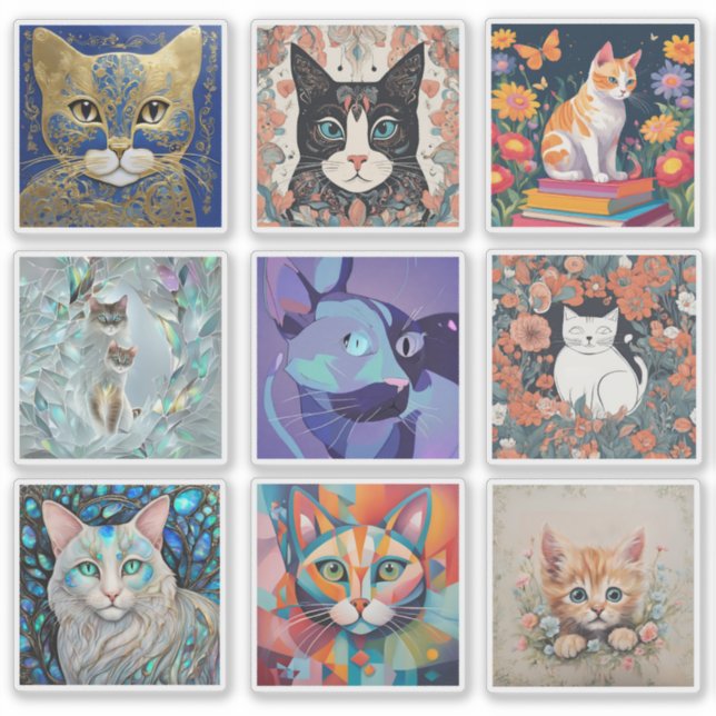 Conjunto de 9 Pegatinas de Gatos (Anverso)