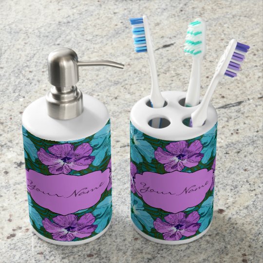 Conjunto De Baño Turquesa tropical y púrpura del hibisco