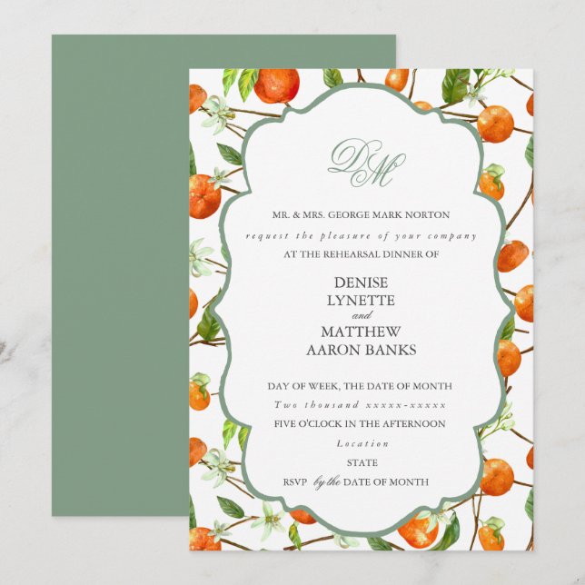 Conjunto de boda naranja Invitación verde albahaca (Anverso / Reverso)