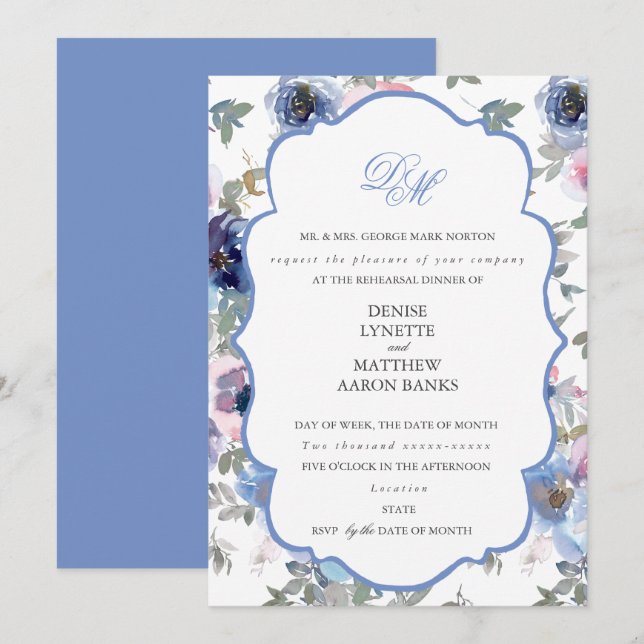 Conjunto de Boda Tierna Invitación Azul Aciano (Anverso / Reverso)