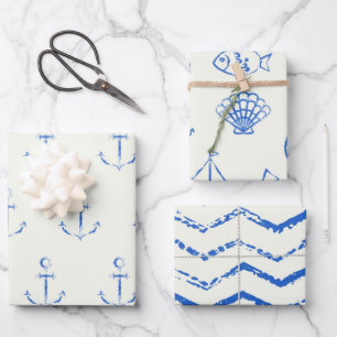 Conjunto de papel de ajuste azul y blanco marítimo