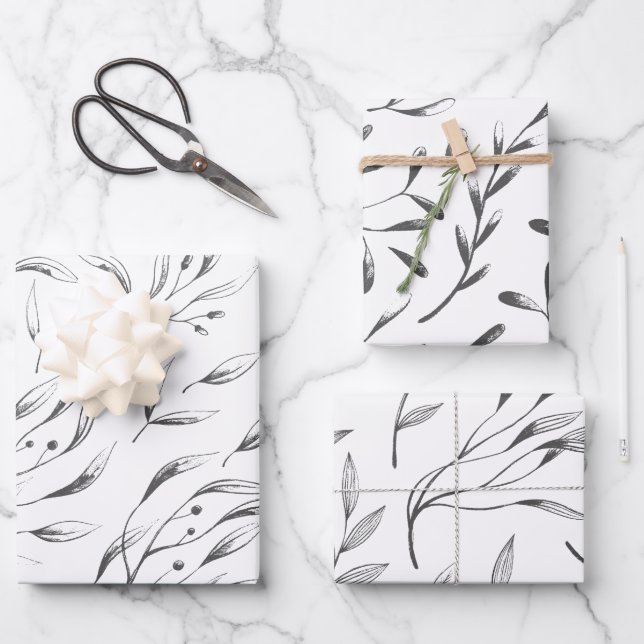 Conjunto de papel de envolvimiento botánico gris y (Anverso)