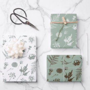 Conjunto de papel de envolvimiento botánico verde