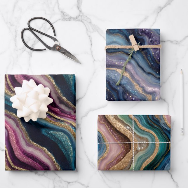 Conjunto de papel de envolvimiento morado azul ros (Anverso)