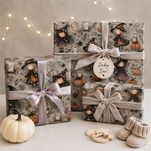 Conjunto de papel de regalo de bruja y búho lindo 
