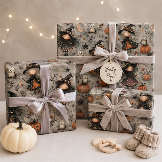 Conjunto de papel de regalo de bruja y búho lindo
