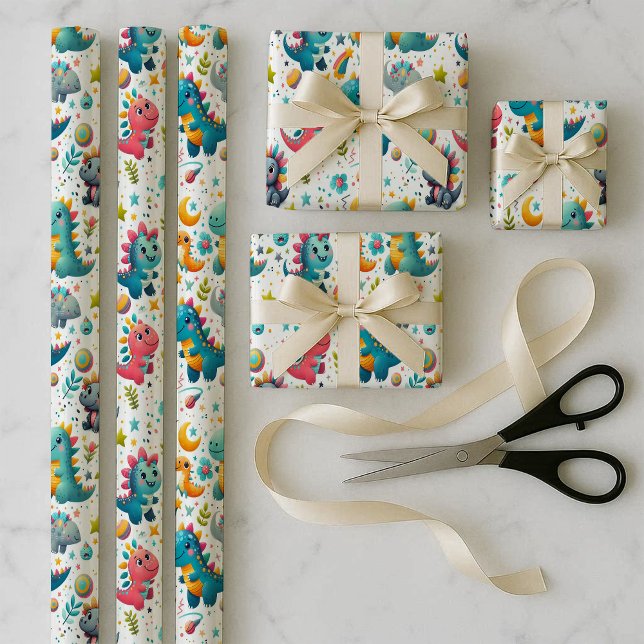Conjunto de papel de regalo de dinosaurio bebé ver (Baby Dinosaur Teal Dino Wrapping Paper Bundle Set)
