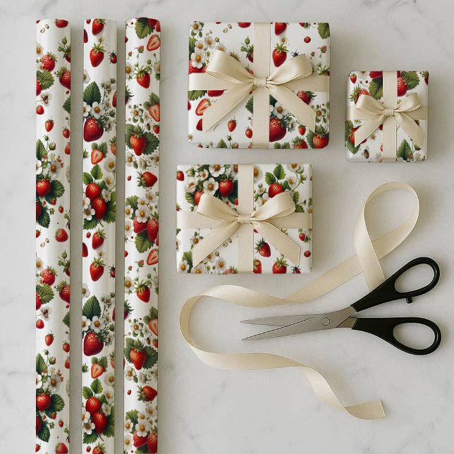 Conjunto de Papel de Regalo Floral de Fresa (Strawberry Floral Wrapping Paper Bundle Set)