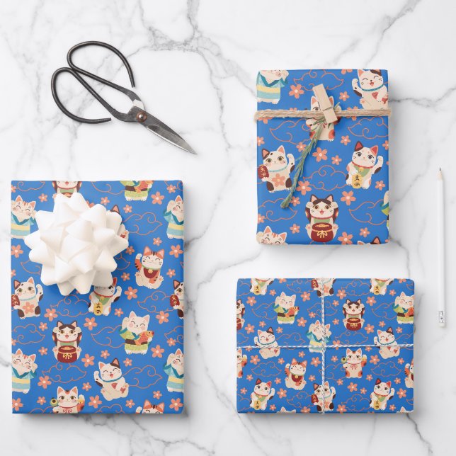 Conjunto de Papel de Regalo Gatos Maneki Neko Afor (Anverso)