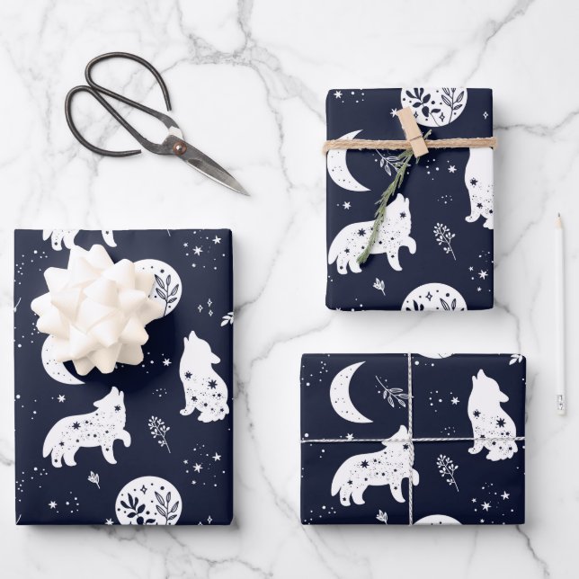Conjunto de papel de regalo Lobo aullando a la lun (Anverso)
