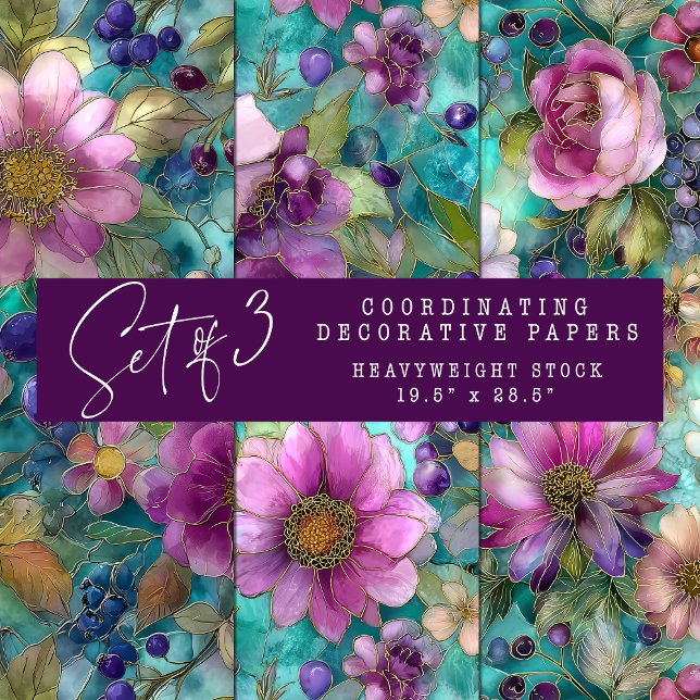 CONJUNTO DE PAPEL DECORATIVO DE VIDRIO PURPLE (STAINED GLASS PURPLE FLORAL DECORATIVE PAPER SET)