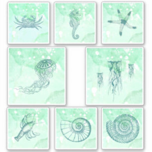 Conjunto de pegatinas de acuarela de criaturas mar