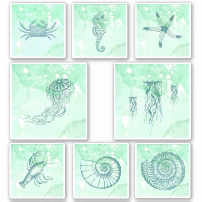 Conjunto de pegatinas de acuarela de criaturas mar (Anverso)