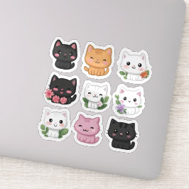 Conjunto de Pegatinas de gatos florales Cute Kawai