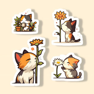 Conjunto de Pegatinas de gatos y flores de Kawaii 