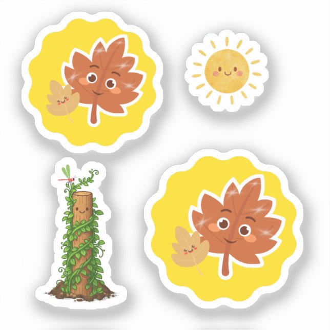 Conjunto de pegatinas de hoja linda, sol y planta  (Anverso)