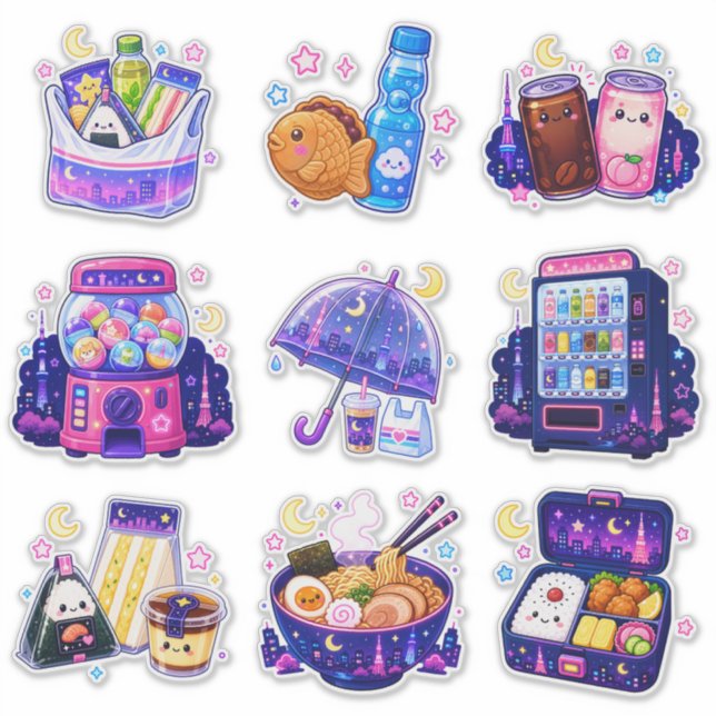 Conjunto de pegatinas de vinilo de snacks nocturno (Anverso)