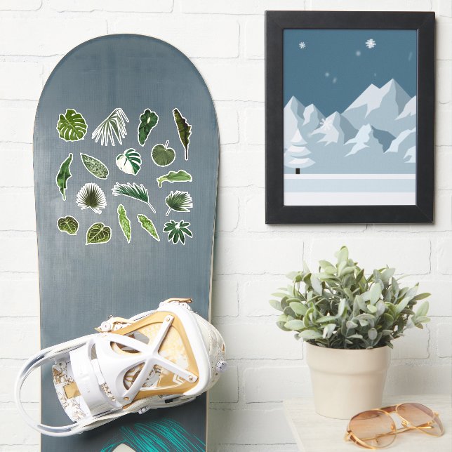 Conjunto de pegatinas e íconos de hojas tropicales (snowboard)