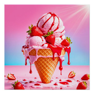 Cono de helado de fresa de fusión Poster brillante