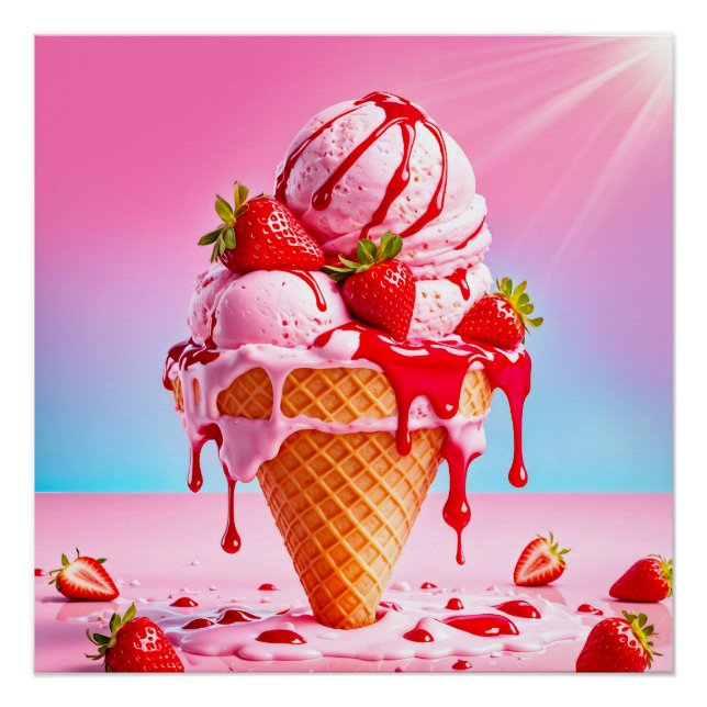 Cono de helado de fresa de fusión Poster brillante (Anverso)