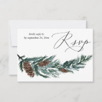 Cono y vegetación de pino de invierno con RSVP de