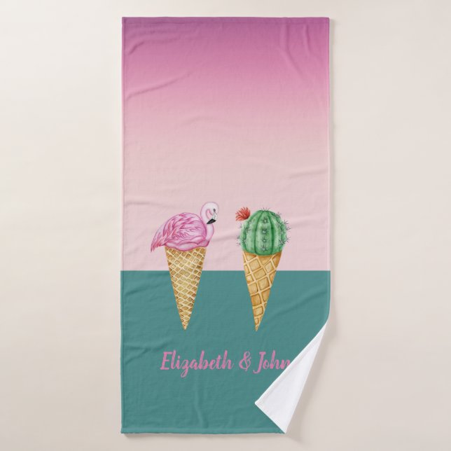 Conos de helado coloridos Cactus Flamingos rosas (Toalla de baño)
