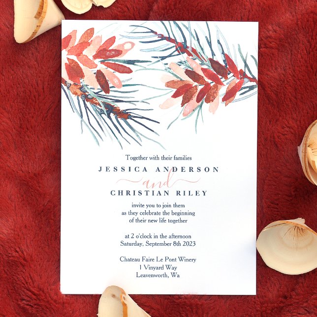 Conos de pino marrón, invitaciones de casamiento d (winter pinecones, pine needles wedding invitations, terracotta, pink, brown wedding color palette )