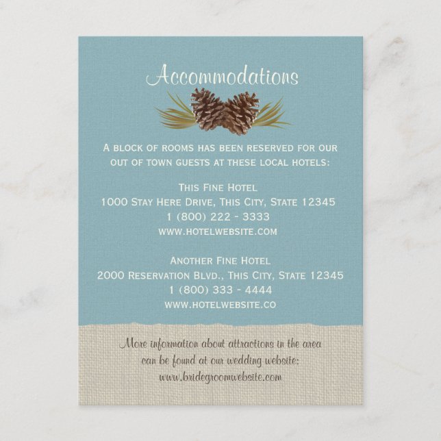 Conos de pino y tarjeta de información Burlap Azul (Anverso)