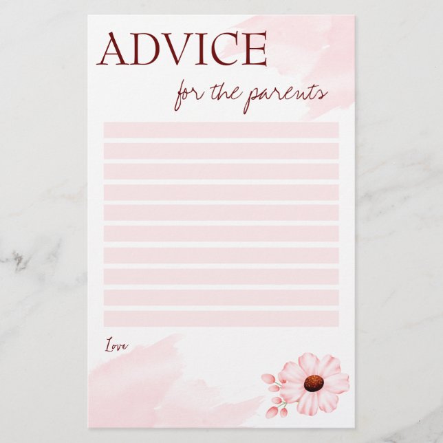 Consejo para la ducha para los padres tarjeta rosa (Anverso)