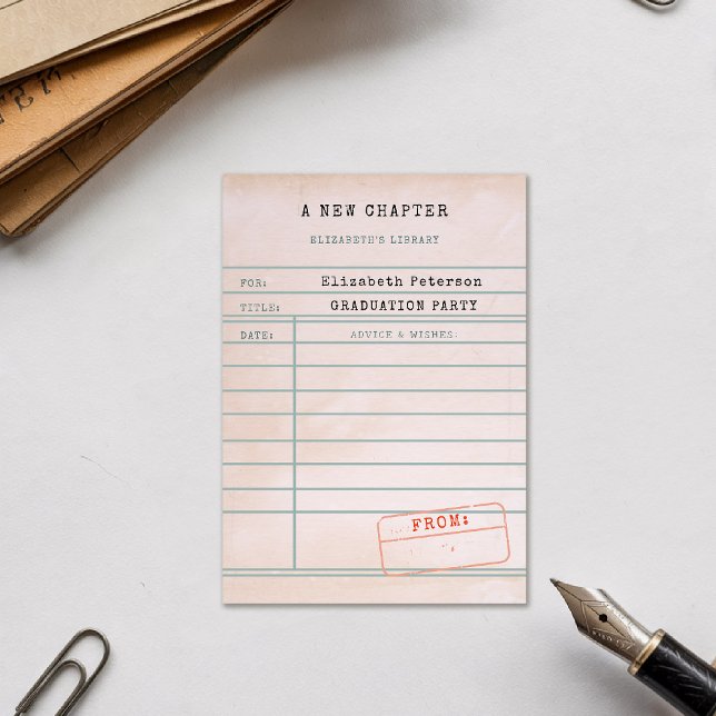 Consejos de graduación de tarjetas de biblioteca d (graduation party advice wishes card vintage library card inspirational message personalized name)