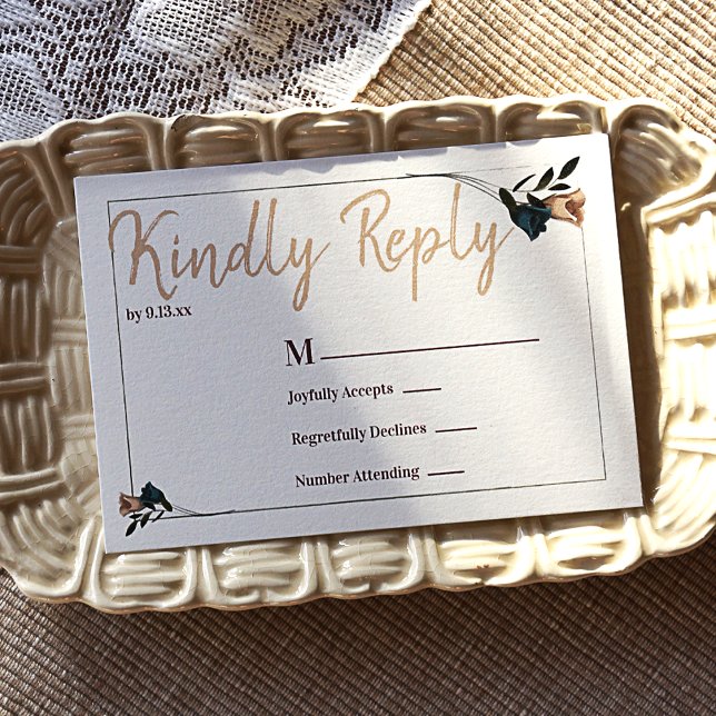 Consejos Tarjeta de gabinete RSVP para Rosas verde azulados (Wedding RSVP Card with Decorative Botanical Border)