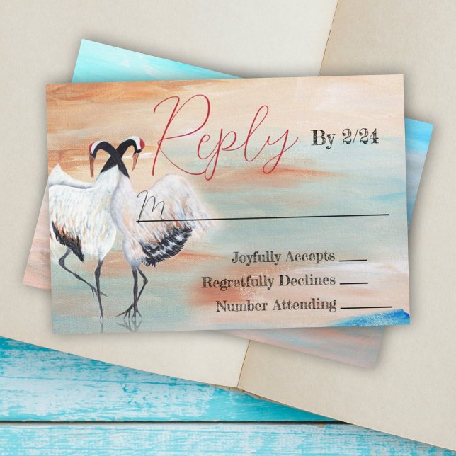 Consejos Tarjeta RSVP de boda japonesa Tancho Crane Wedding (natural beige white asian cranes origami japanese wedding reply response return enclosure cards)